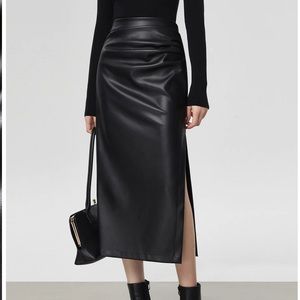 COMMONSENSE Faux Leather Ruched Slit Midi Skirt